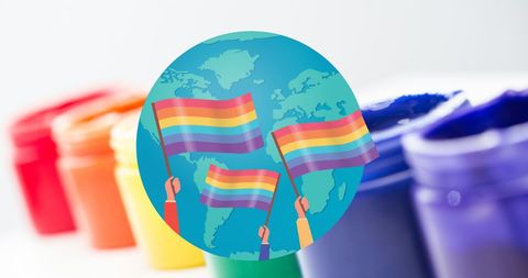 Lgbtq+ pride flags with world map and rainbow paints