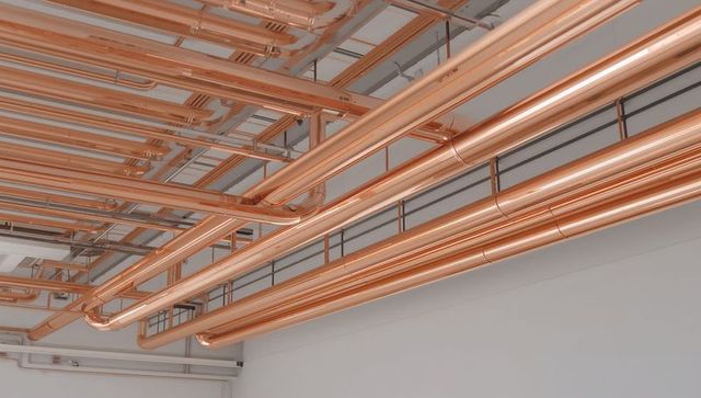 Copper pipes running across industrial ceiling with walkway and metal hangers