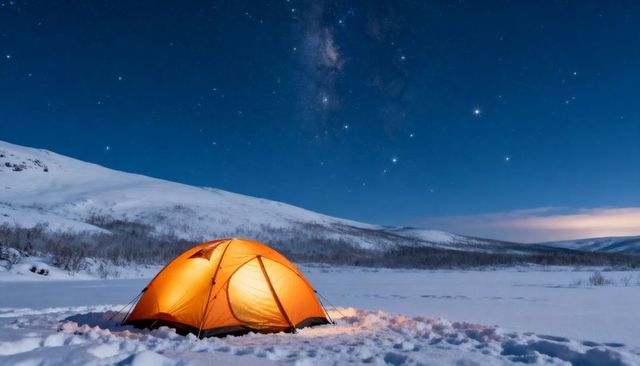 Orange tent glowing on snowy plain under milky way night sky for winter camping adventure