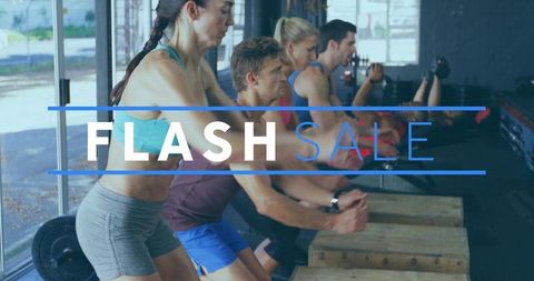 Group jumping plyo box jumps in daylit gym with flash sale overlay for fitness promotion