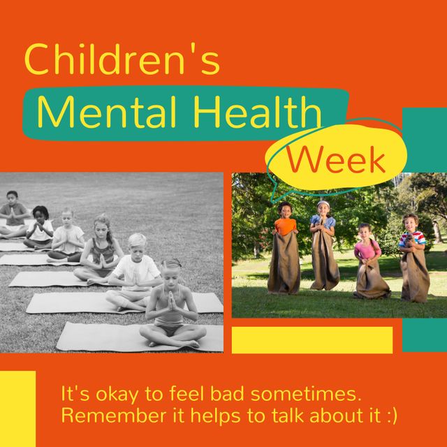 Poster promoting Children's Mental Health Week features diverse kids practicing mindfulness and engaging in fun outdoor games. Ideal for use in mental health campaigns, educational materials, and social media posts to spread awareness about children's mental well-being and encourage open conversations about feelings.