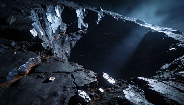 Revealing jagged volcanic crater with glowing orange veins and shiny mineral facets