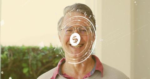 Mature Man Smiling with Augmented Reality Finance HUD Overlay Wearing Glasses