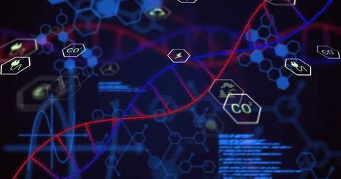 Neon red-blue dna helix overlaid on digital hex grid with co2 icons and analytics interface