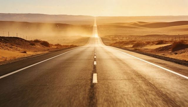 Endless desert highway at golden hour leading to distant horizon and rolling sand dunes
