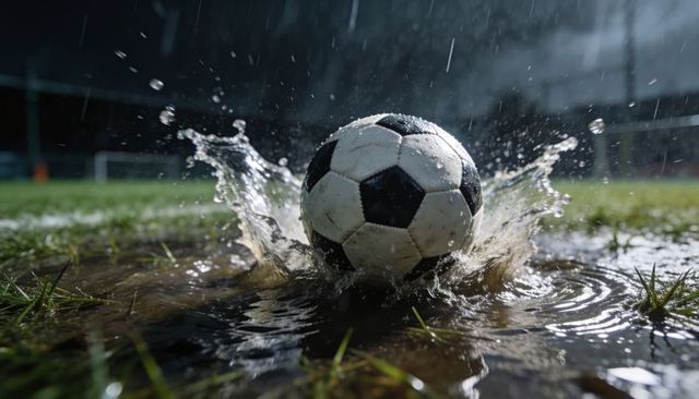 Soccer ball splashing through rainy puddle on muddy night pitch under bright floodlights
