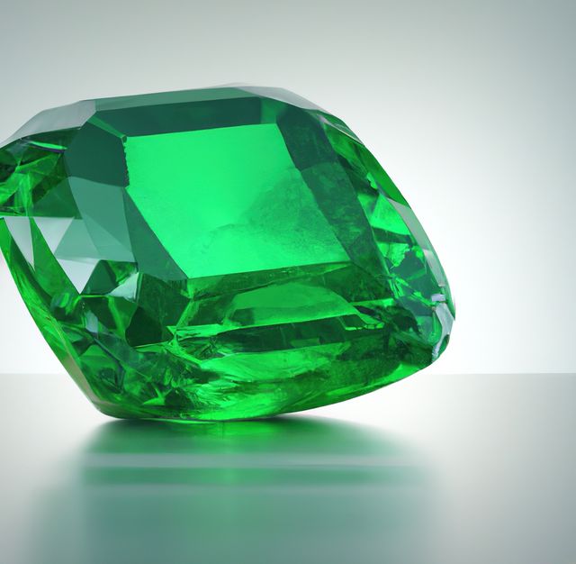 Close-up view of a vibrant emerald gemstone placed on a reflective surface. Ideal for use in jewelry designs, advertisements for luxury goods, gemstone catalogs, and articles on precious stones. Highlights the beauty, clarity, and green color intensity of the emerald, making it perfect for applications that emphasize elegance and sophistication.