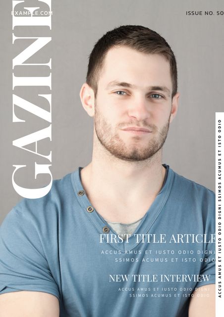 Confident young man features on the cover of a lifestyle magazine, exuding casual sophistication in a stylish blue shirt. Perfect for promoting magazines that focus on men's fashion, modern lifestyle, contemporary style, or holistic lifestyle content. Ideal for use in advertisements, social media posts, and article illustrations.