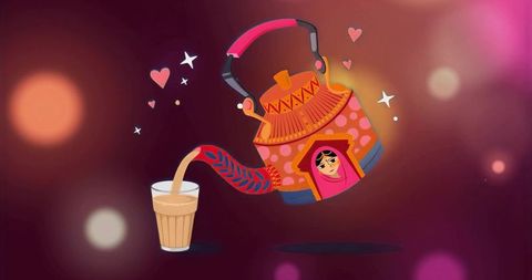 Whimsical kettle pouring steaming chai into glass tumbler with hearts and bokeh lights