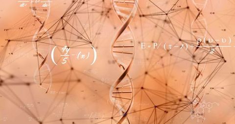 Futuristic dna helix with scientific formulas on digital background