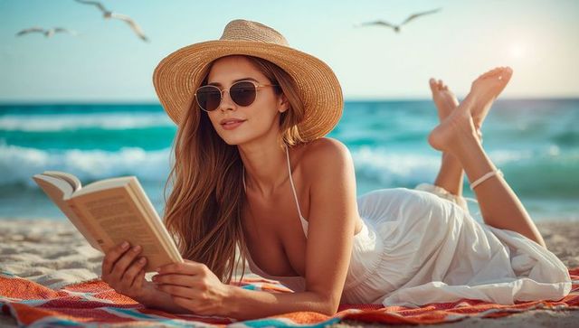 Sunlit beach reading: woman relaxing on towel wearing straw hat and sunglasses