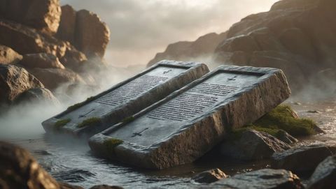 ancient stone tablets in misty gorge stream with moss, ten commandments concept - Download Free Stock Images Pikwizard.com