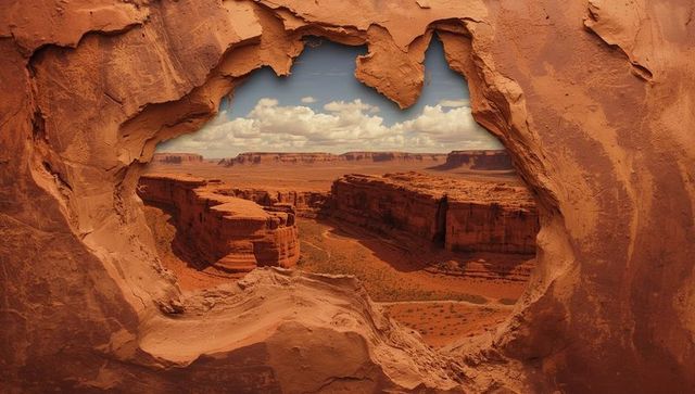 Sandstone arch framing scenic desert canyon landscape