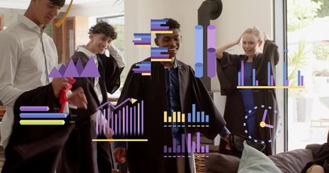 Smiling graduates gathering in living room wearing caps and gowns with data infographics