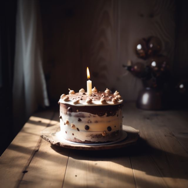 This image features a homemade cake with decorative icing and a single lit candle, placed on a wooden table with ambient light creating a cozy, rustic atmosphere. Perfect for use in birthday, celebration, or home-cooking contexts, and conveying a sense of warmth and personalization.