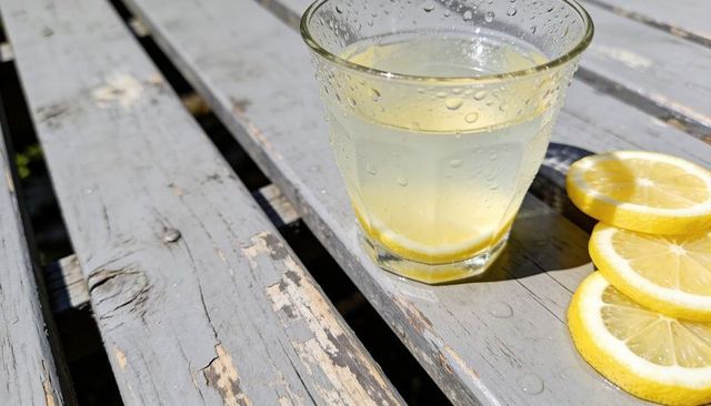 Sunlit glass of lemon water with dew drops on weathered gray wood table, fresh citrus