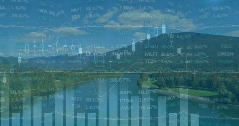 Data Visualization Over Scenic Lake with Charts and Numbers