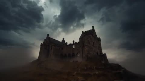Mystical Fortress Amidst Stormy Skies and Mist