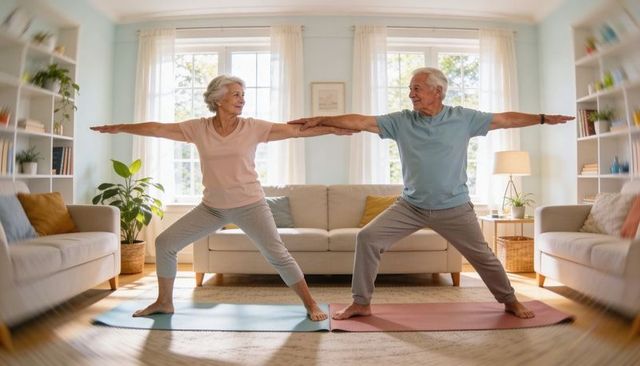 Senior couple practicing warrior ii yoga pose in sunlit living room for healthy aging