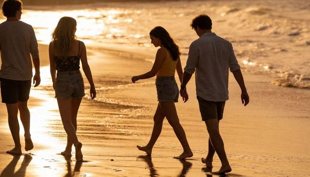 Four friends walking barefoot on golden beach at sunset leaving footprints and reflections