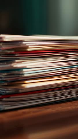 Vertical macro video capturing colorful stacked papers, magazines and envelopes on wooden table