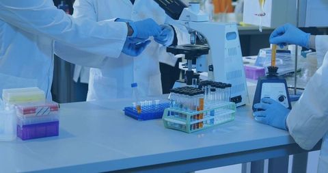 Scientists collaborating in laboratory conducting experiments with test tubes