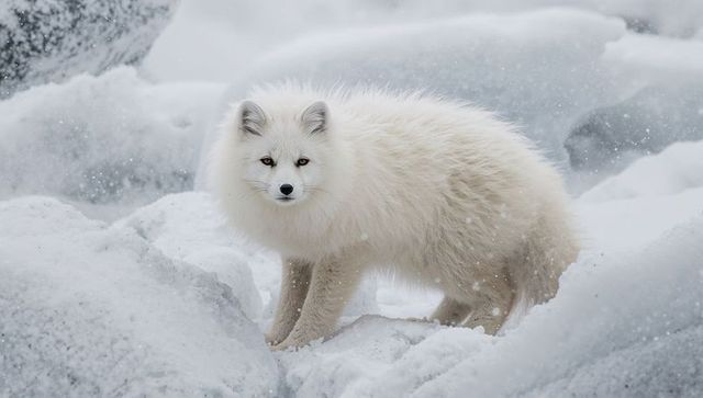 Arctic fox standing on packed snow and ice, facing forward, snow falling, winter wildlife