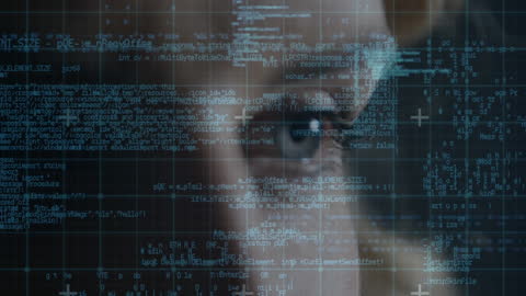 Code Projected Over Eye of Woman for Data Security Concept