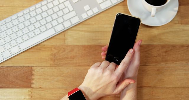 Using Smartphone with Keyboard and Coffee on Wooden Desk - Download Free Stock Images Pikwizard.com