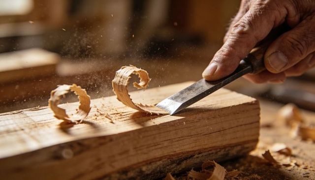 Senior craftsman carving curled wood shavings with chisel close-up of hands