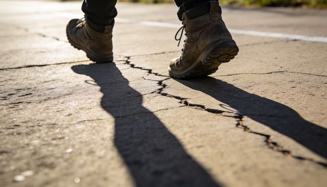 Lace-up boots walking over cracked pavement casting long shadows rugged outdoor footwear