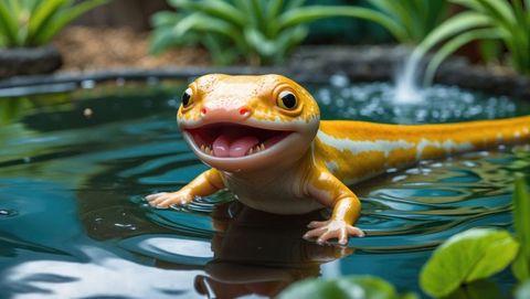 Vibrant yellow salamander exploring a serene garden pond