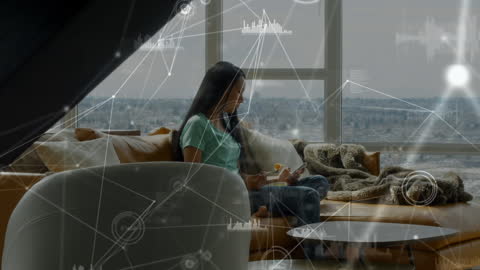 Woman Engaging with Futuristic Technology in Modern Home Space