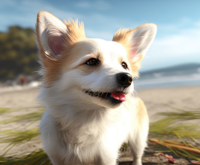 Happy corgi dog enjoying a sunny day on the beach by the ocean. Perfect for articles about pets, summer vacations, outdoor activities, and bonding with pets. Ideal for pet care websites, travel blogs, or promotional materials for beach or pet-related products.
