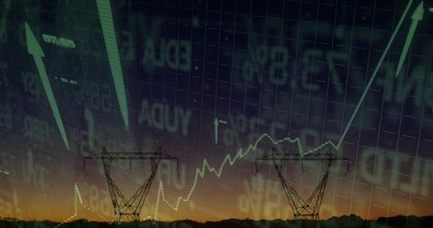Hv transmission towers at dusk with financial data overlay showing energy market surge