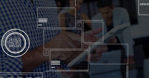 Manager in Office Using Tablet with Futuristic Interface Overlays