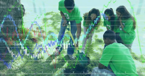Diverse Group of Volunteers Planting Trees With Data Overlay