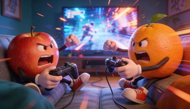 Apple and orange playing video games on couch, competing in angry fruit rivalry