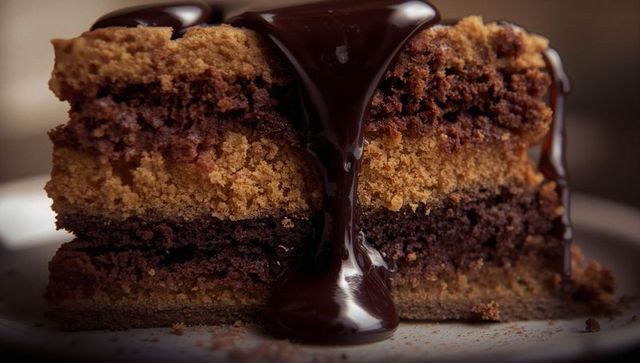 Decadent Layered Cake Slice with Rich Chocolate Drizzle