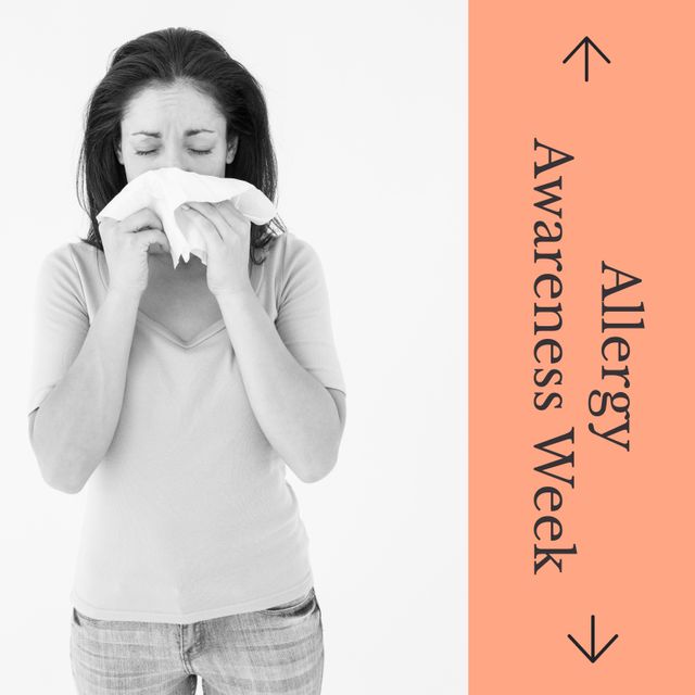 Woman Blowing Nose with Allergy Awareness Text - Download Free Stock Templates Pikwizard.com