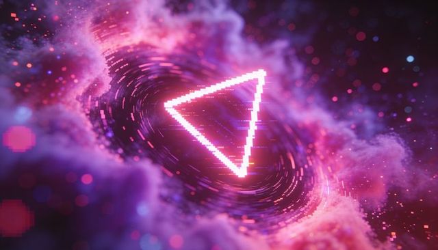 Pixelated neon triangle hovering above digital vortex in pink purple cyber nebula