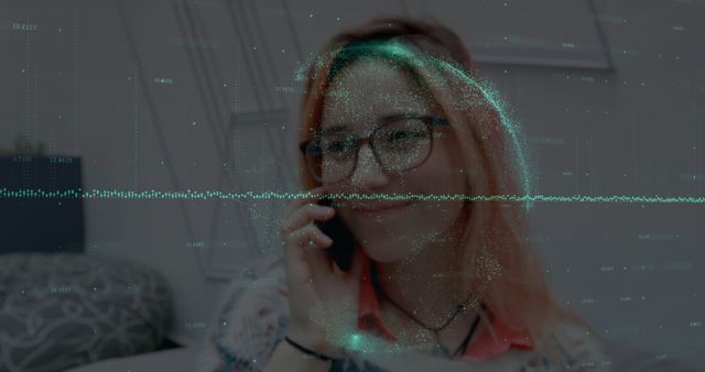 Young Woman Talking on Phone with Holographic Data Overlay - Download Free Stock Images Pikwizard.com