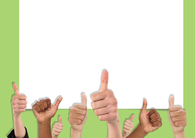 Diverse group of hands is giving thumbs up, symbolizing approval and success. White background with green top border contrasts with the various skin tones, making the thumbs up gestures stand out. Suitable for themes involving teamwork, unity, positive feedback, corporate success, and motivational materials. Ideal for blogs, presentations, advertisements, and posters to convey messages of cooperation and collective achievement.