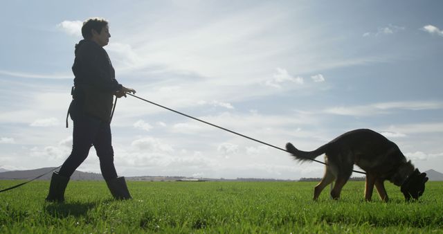 A person walks their dog in a grassy outdoor area. They enjoy a peaceful stroll in the countryside, bonding with their pet.