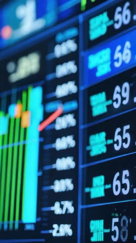 Vertical finance dashboard displaying real-time market data, updating bar charts and moving trend li