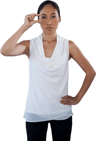 Woman Gesturing Invisible Glasses on Transparent Background Reflects Relational Precision - Download Free Stock Videos Pikwizard.com