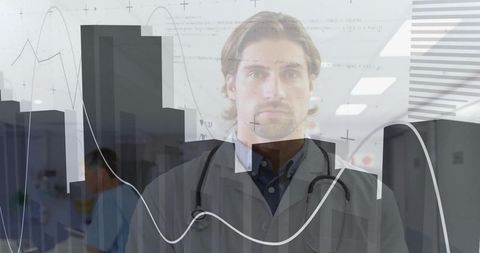 Male Clinician in White Coat with Stethoscope Overlaying Medical Data and Hospital Graphs