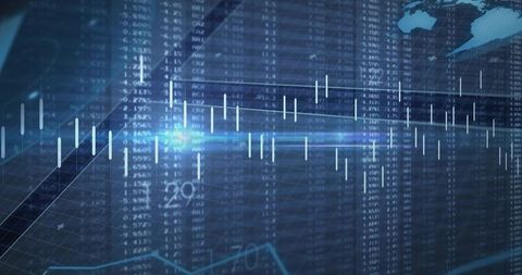 Displaying financial dashboard with candlestick chart and global market data in blue hud