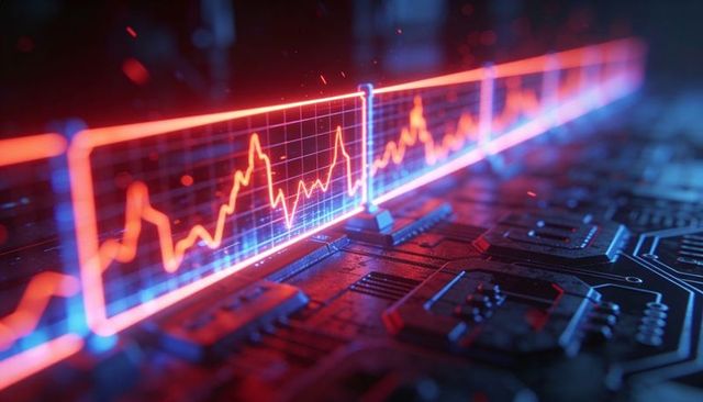 Neon data wave running across circuit board showing line graph and futuristic glow