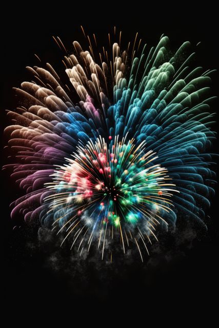 Colorful fireworks display exploding against dark night sky creating festive atmosphere. Suitable for New Year celebrations, Independence Day events, festival promotions, holiday greeting cards, party invitations, and events highlighting festivities.